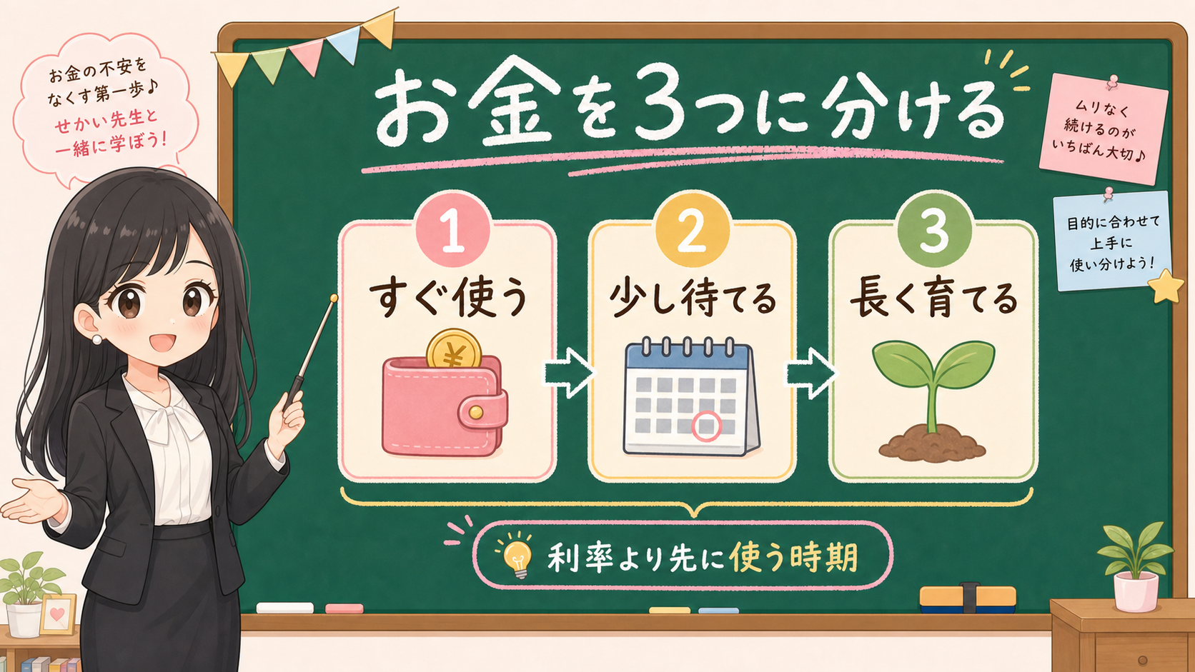 せかい先生が黒板で待機資金をすぐ使う、少し待てる、長く育てるの3つに分ける図解