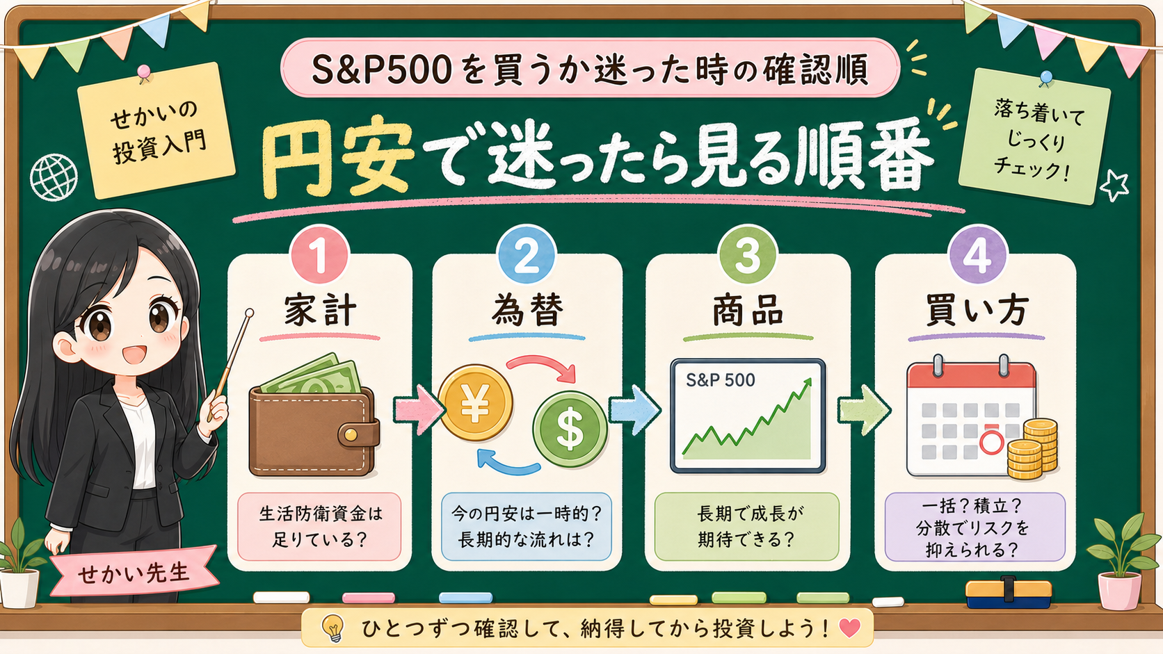 せかい先生が黒板で円安時にS&P500を買うか迷った時の確認順として家計、為替、商品、買い方を説明する図解