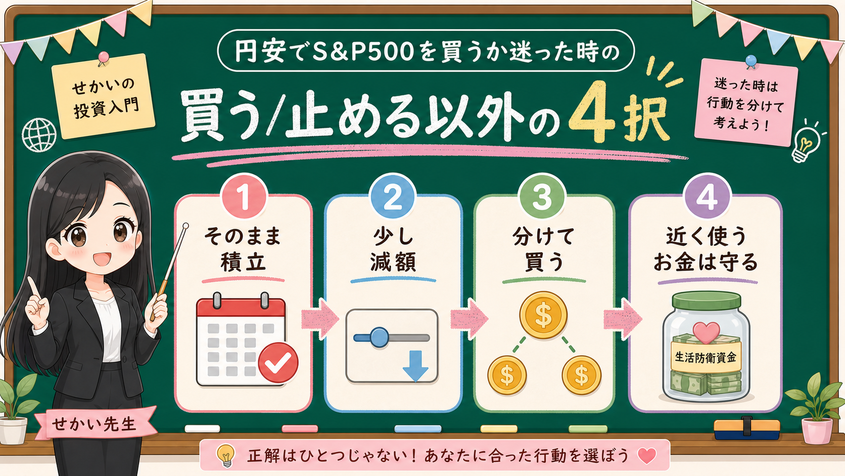 せかい先生が黒板で円安時にS&P500を買うか迷った時の4択としてそのまま積立、少し減額、分けて買う、近く使うお金は守るを説明する図解